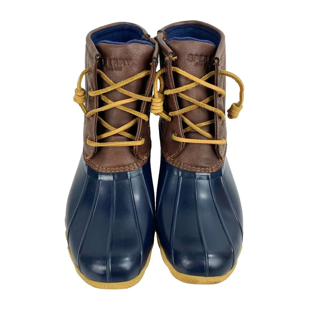 Sperry Saltwater Boots Girls 4M Duck Boots Waterproof LKNU Blue Brown Rain Shoes